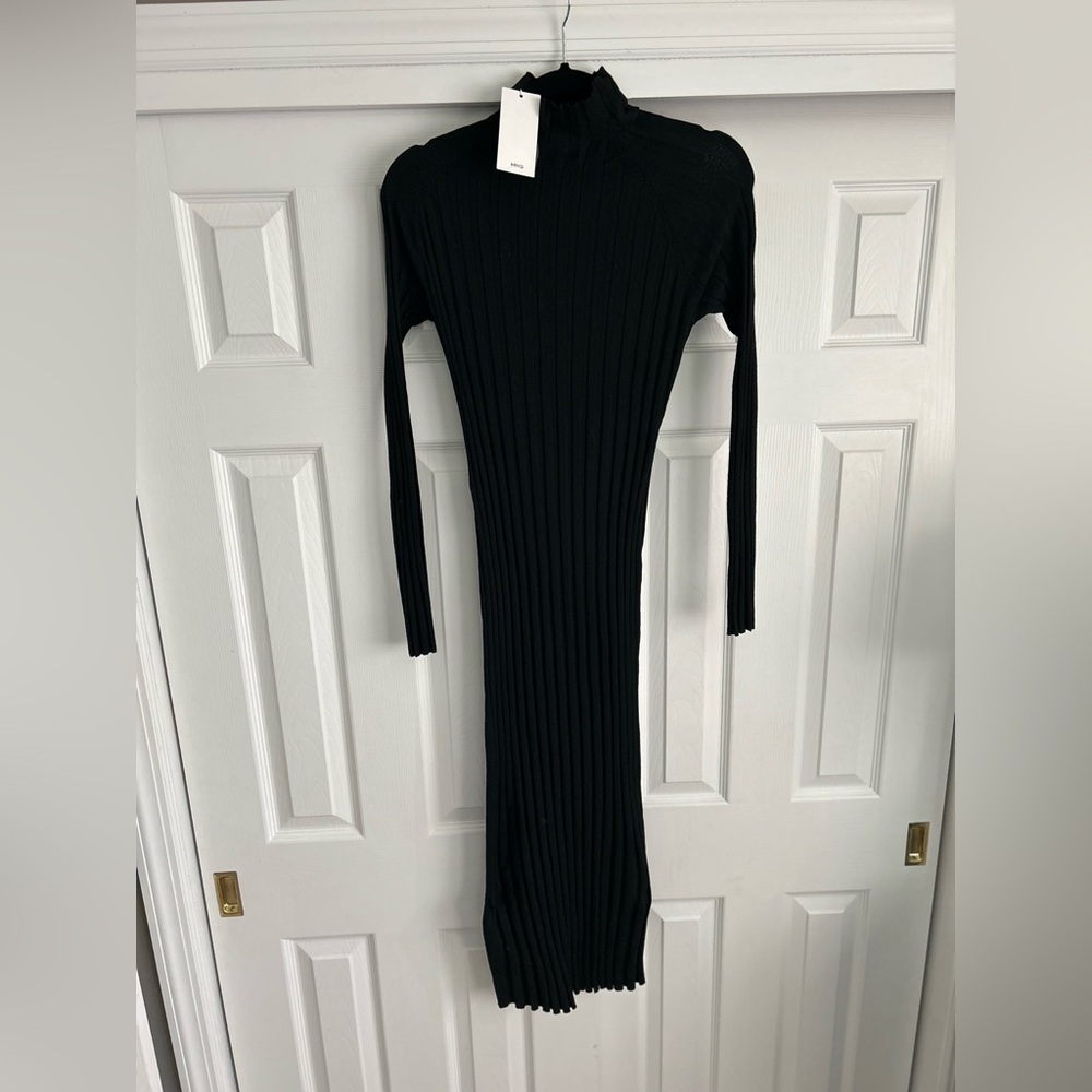 Mango Black Long Sleeve Ribbed Dress